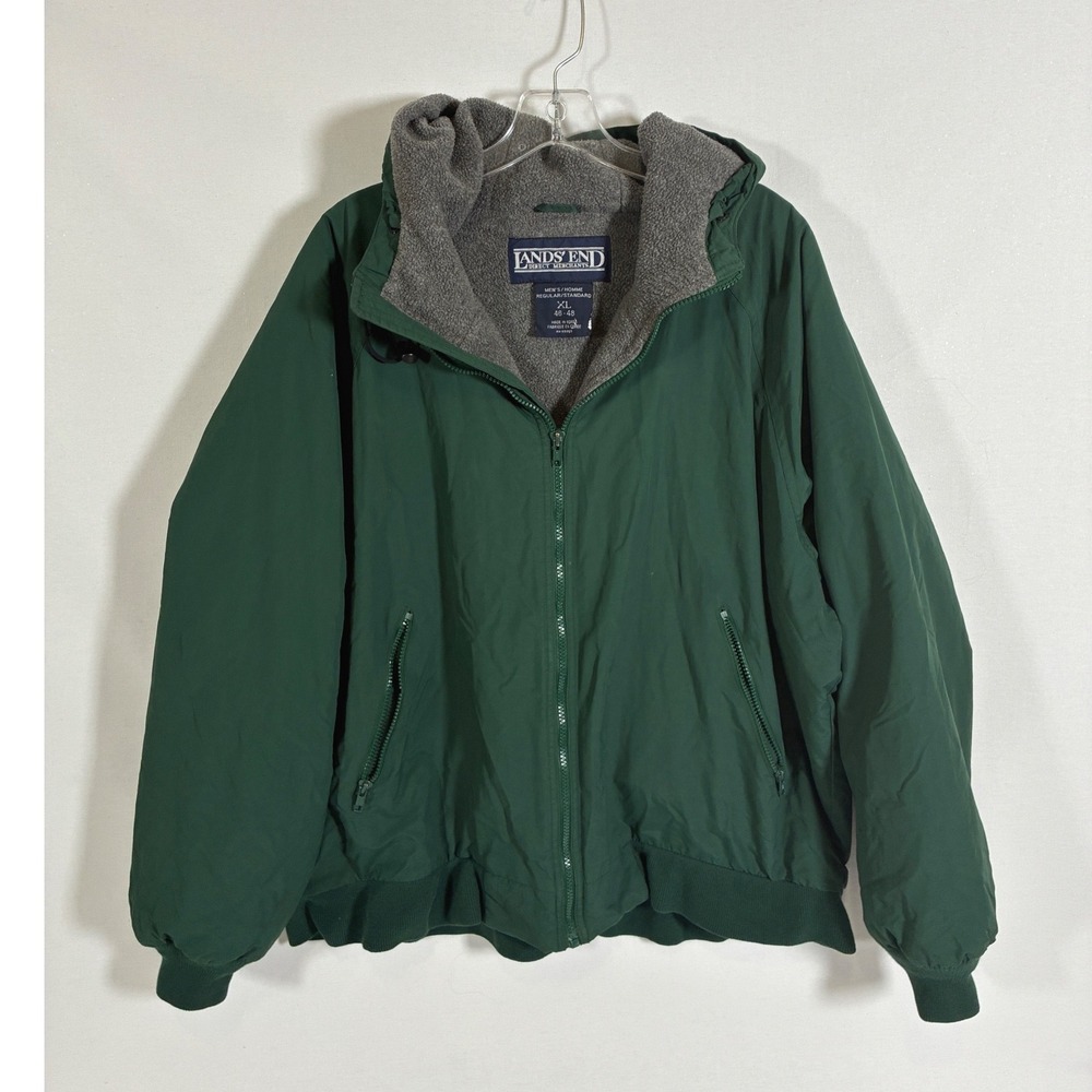 Lands End Mens XL Green Polartec Fleece Lined Squall Hooded Jacket Full Zip